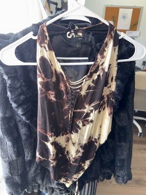 Brown and Cream Lace-Up Tie-Dye Camisole